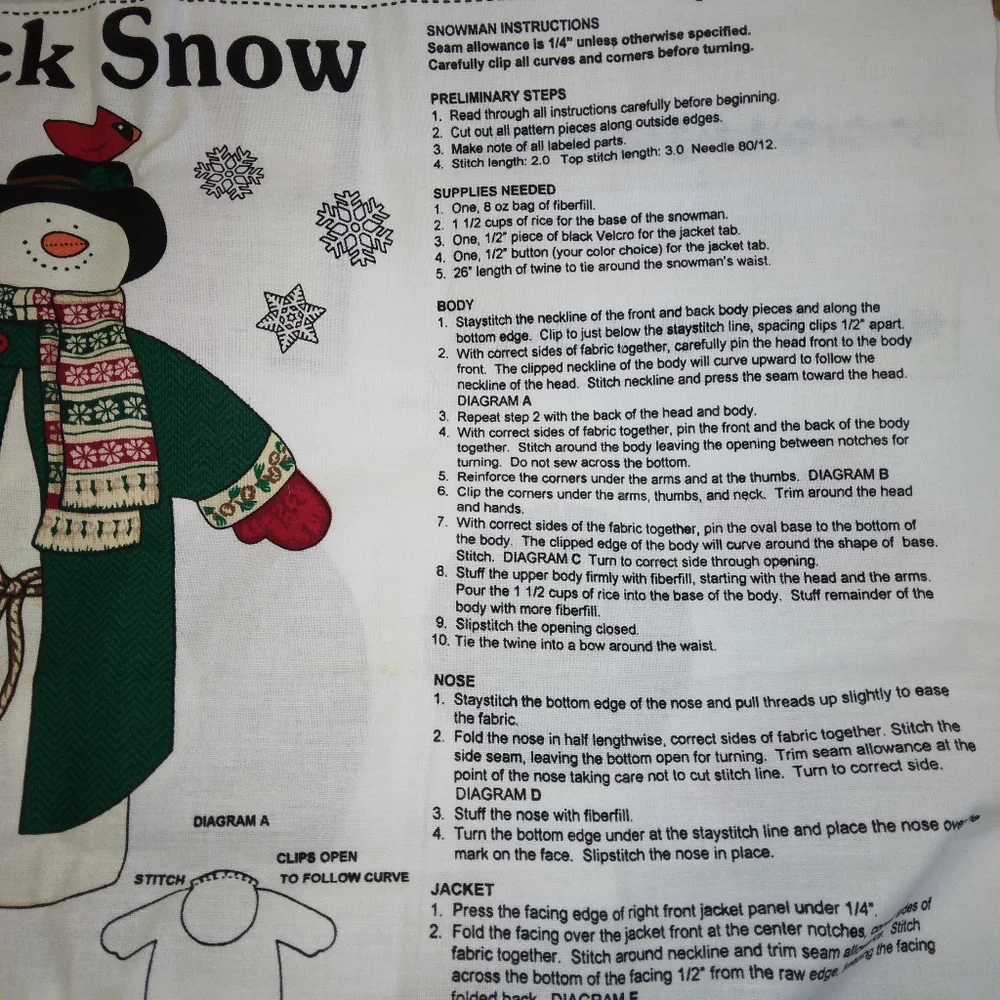 FABRIC Jack Snow Snowman Doll Fabric Panel